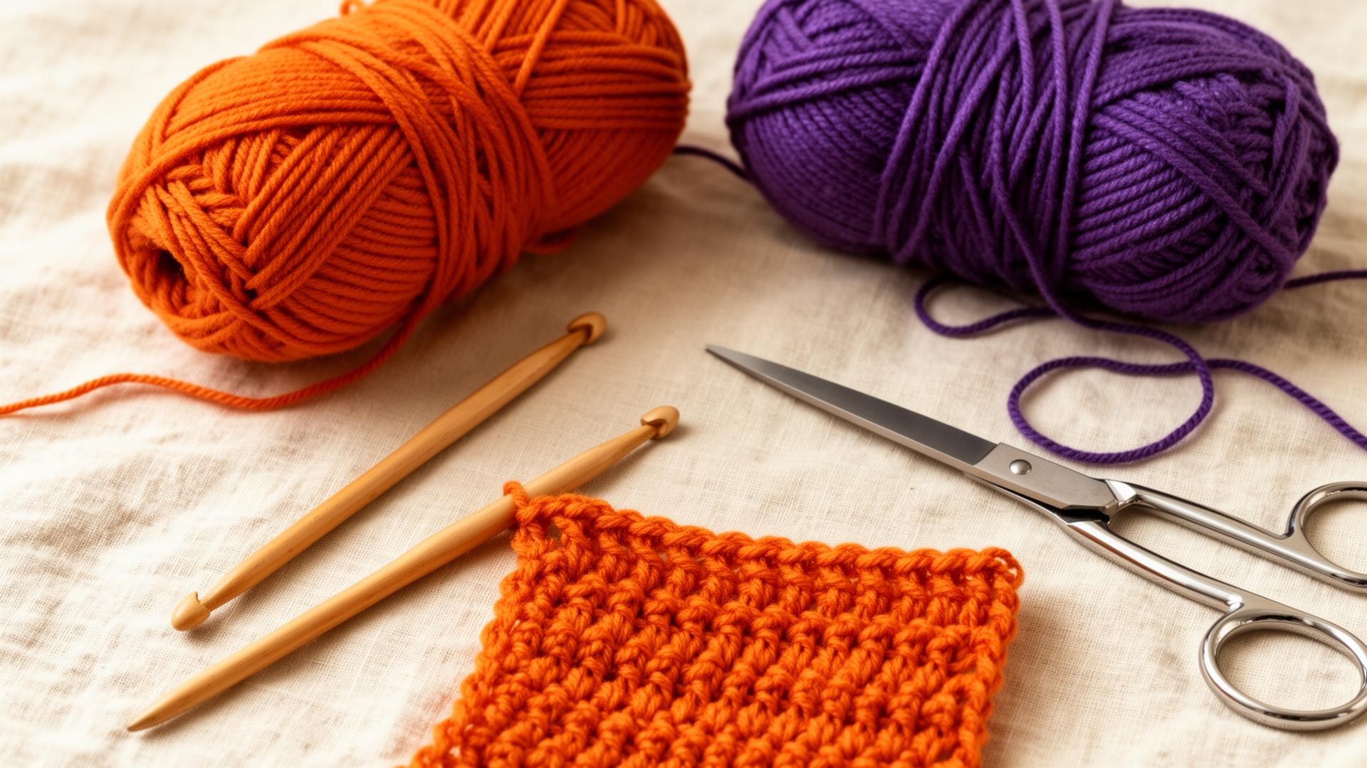 Hand-dyed orange and purple yarn with crochet hooks